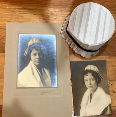2 Antique Vintage Photos Of A Nurse Along With The Original Cap She Was Wearing