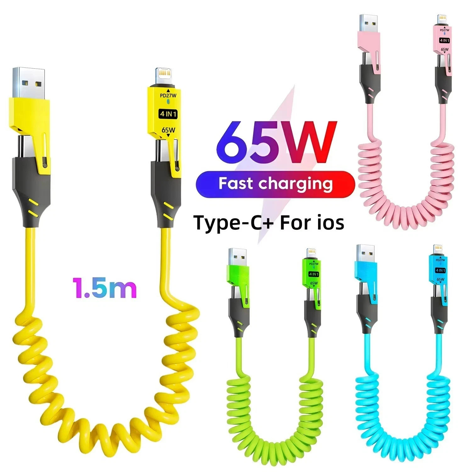 4 in 1 USB A /Type C to Type C Charging Cable Coiled PD65W For iPhone samsung