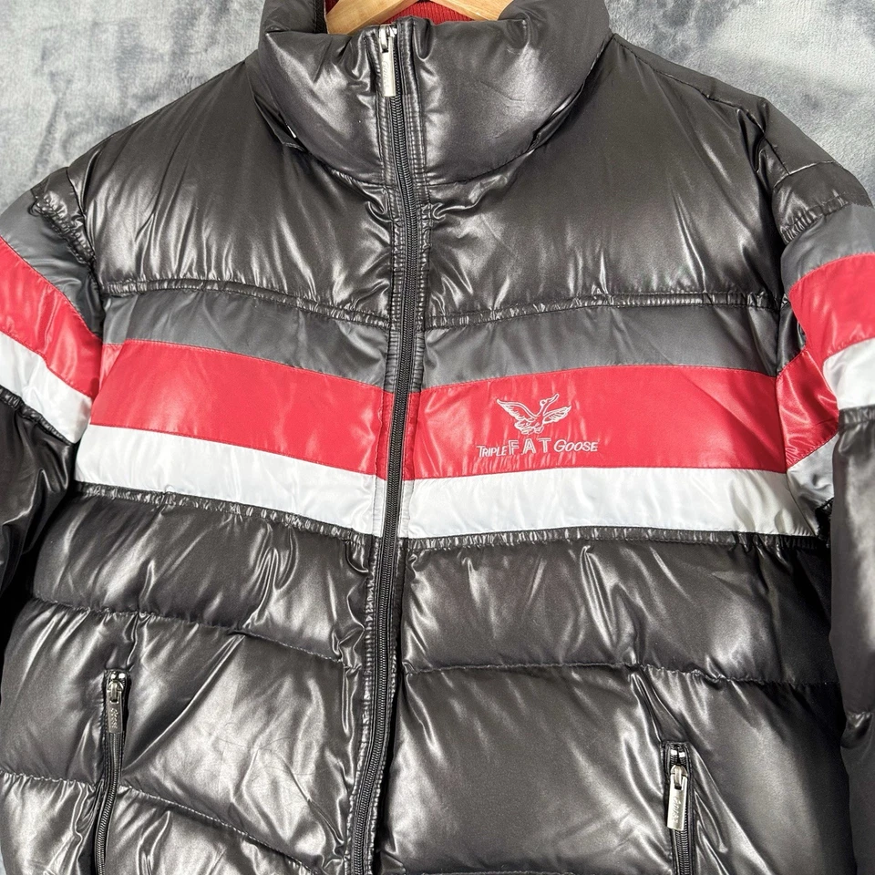 Vintage Triple Fat Sz L Goose Down Filled Jacket Puffer Black Red Hood Missing - Image 4 of 4