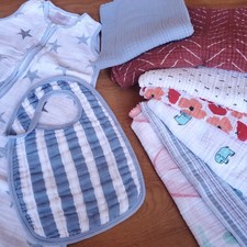 Muslin 9 Piece Cotton Lot 7 Swaddle Blankets Bib Sleep Sack Aiden Anais  More