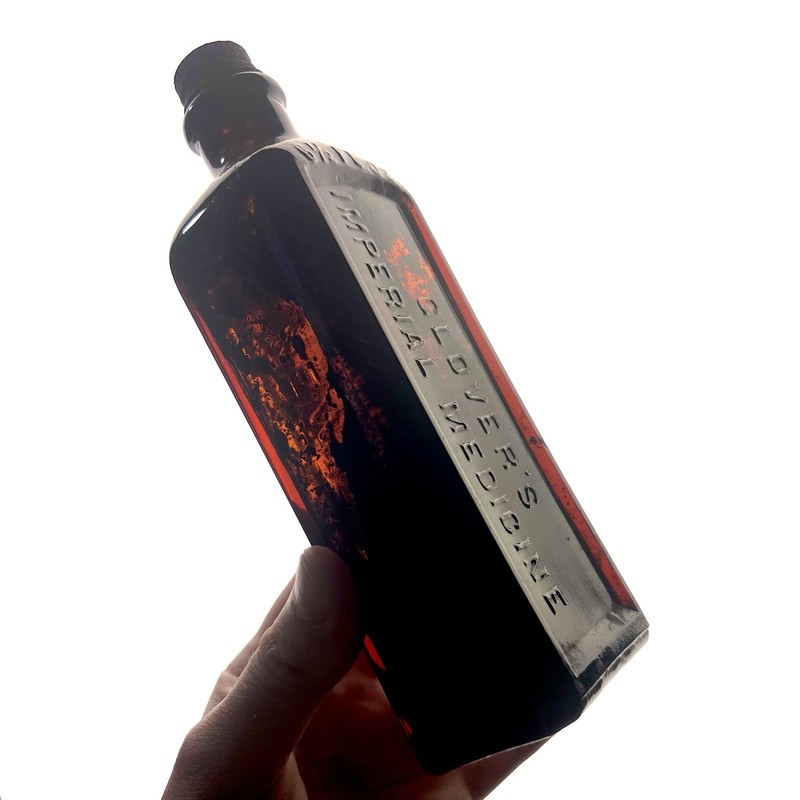 Clover's Imperial Medicine Embossed Brown Medicine Bottle 7" With Lid Vintage 