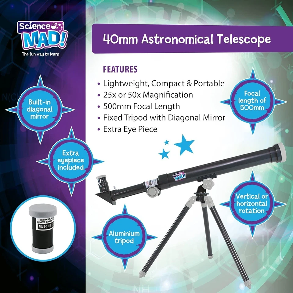 Science Mad 40mm Astronomical Telescope – Kids Beginner Scope with Tripod 50x - Image 4 of 4