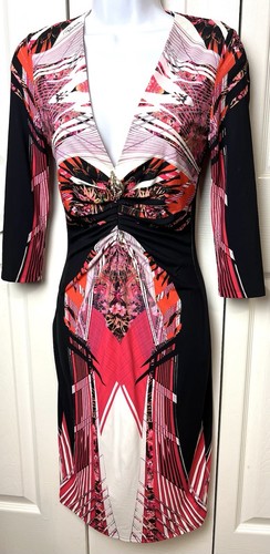ROBERTO CAVALLI Cocktailkleid Rot Schwarz Sexy Schmuck V Ausschnitt Rüschen 40 US 6 - Bild 2 von 14