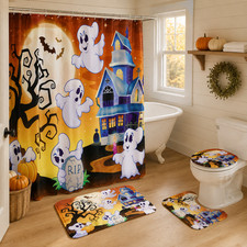Halloween Ghost Haunted House Bathroom Set Shower Curtain Rugs 16 Piece