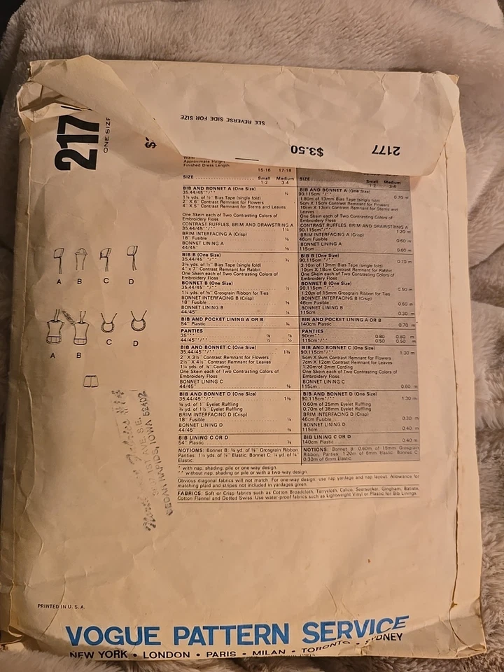 Vintage Little Vogue Sewing Pattern 2177 Cut & Complete Infant Hat, Shorts & Bib - Image 2 of 2