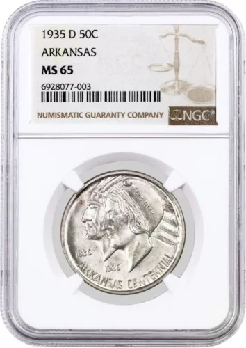 1935 D 50C Arkansas Centennial Commemorative Silver Half Dollar NGC MS65 Coin
