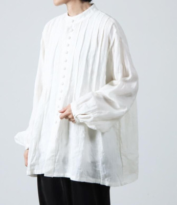 ICHI Antiquites French Linen Pintuck Long Sleeve Blouse White Near MINT