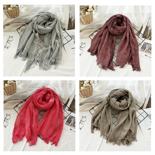 Natural Wrinkle Scarves Unisex Style Cotton Tassel Scarf Soft Long Shawl - Picture 9 of 38