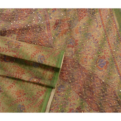 Sanskriti Vintage Green Sarees Pure Cotton Hand Beaded Painted Craft Fabric Sari