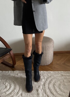 Authentic Chanel Navy Nubuck Leather CC Logo Shearling Fur Boots