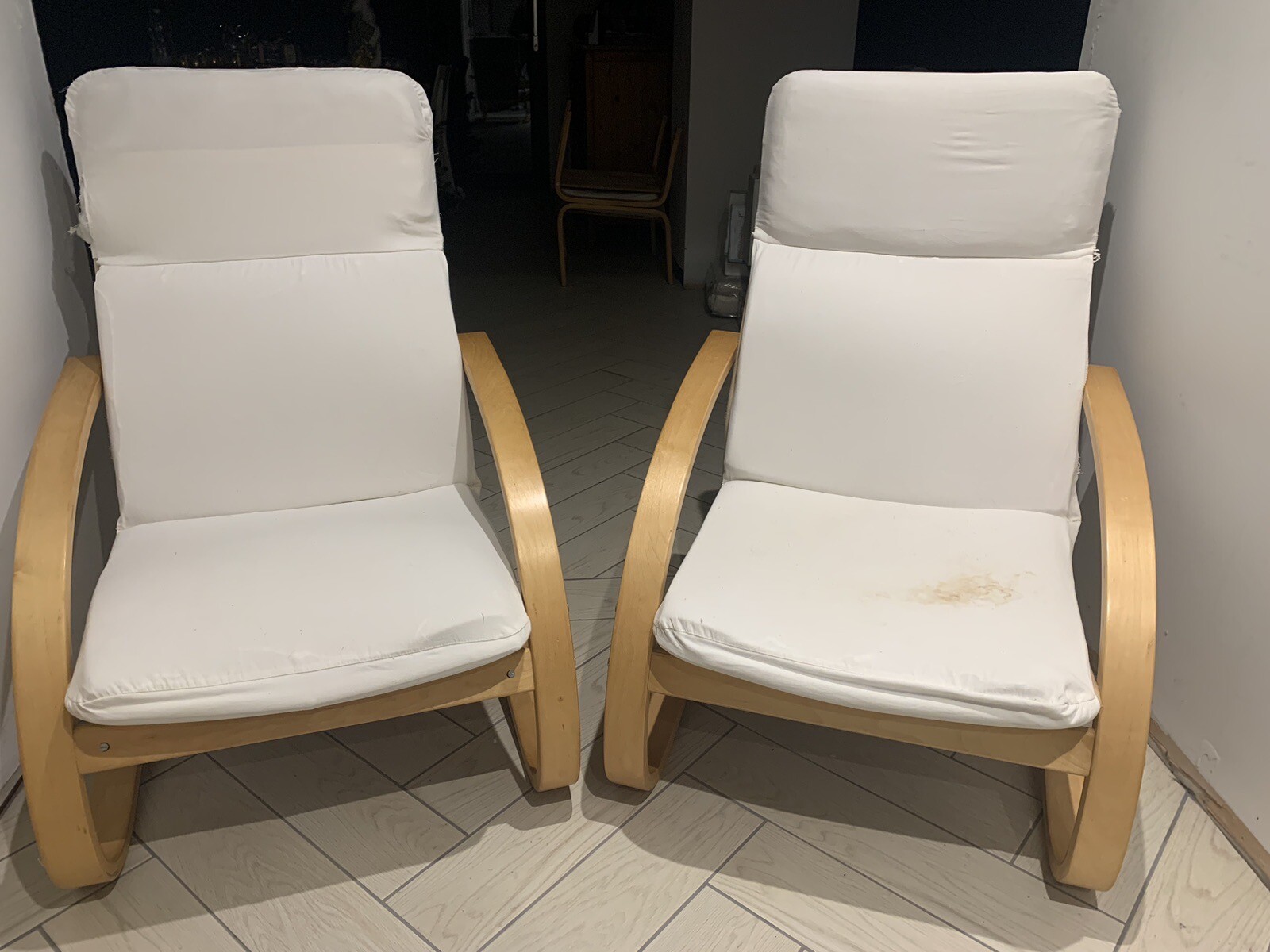 2 Vintage Ikea Pello Poang Armchairs +2 footstools Bentwood Beech