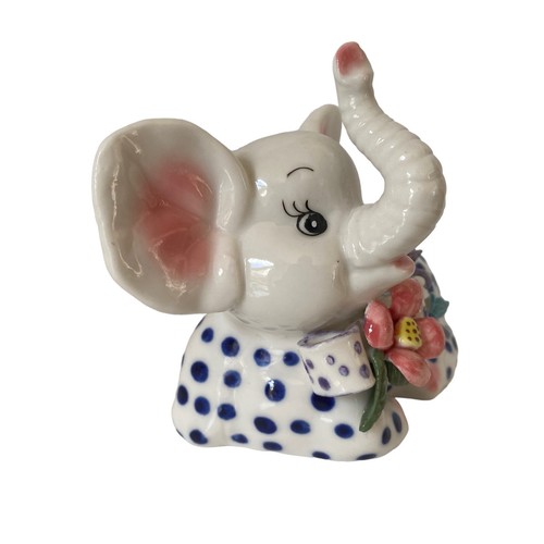 Elephant Blue Polka Dot Figurine with Bow Tie Flower Neck Tie Trunk Up - Picture 8 of 9