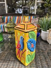 Vtg 10" Hand Painted Longmore Whiskey Bottle Mexican Folk Art Work Barware