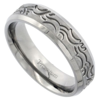 Titanium 6mm Flat Comfort Fit Wedding Band/Thumb Ring, Wave Pattern, Sizes 7-14