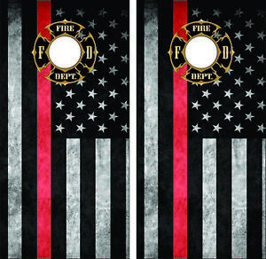 Lets Print Big Firefighter Maltese Cross Thin Red Line Corn Hole Decal wrap