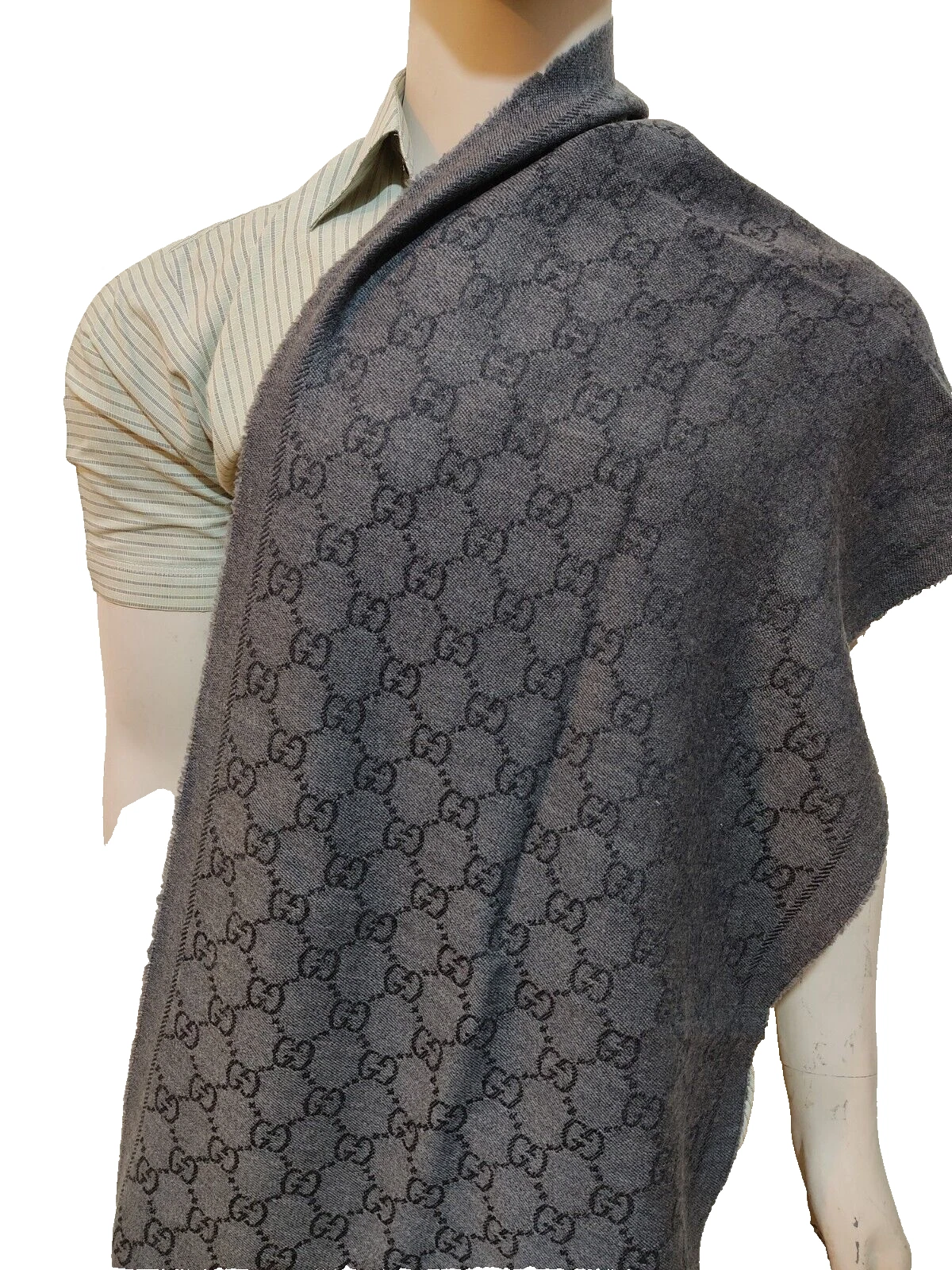 GUCCI écharpe châle étole silencieux 100% laine motif logo GG gris Italie