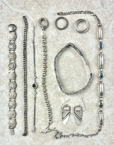 Mix Lot Vintage Sterling Silver Jewelry Bracelets, Earrings, Rings, Necklace