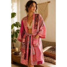 Pink 100 Cotton Kantha Quilted Robe Patchwork Kimono Boho Belted One Size