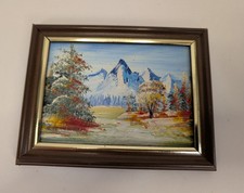 Miniature Oil Painting Mountains Landscape Original Hand Painted Framed 4x5in K3