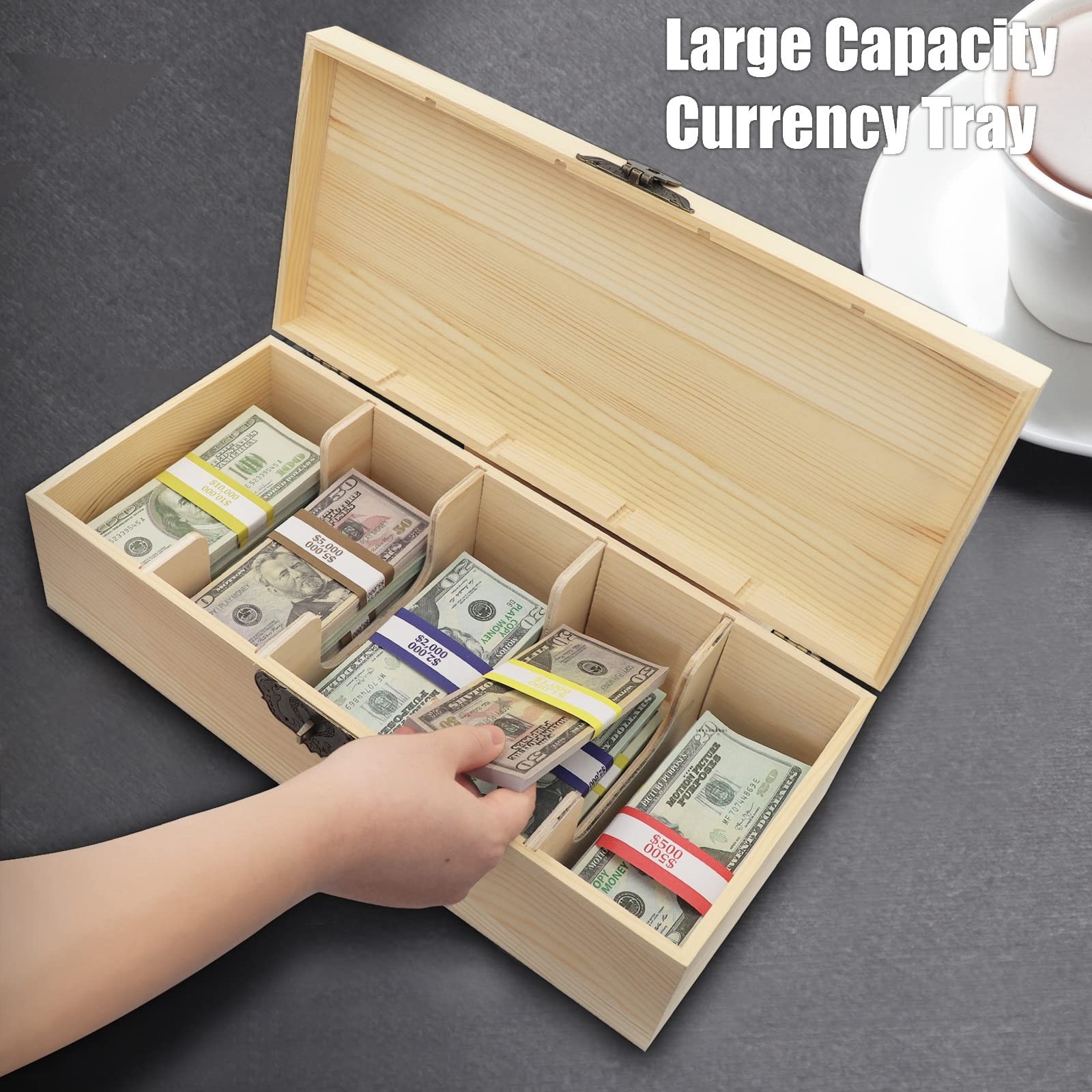 Wooden Locking Currency Money Cash Tray with Coin Tray, 5 Compartment Wooden ...