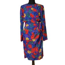 Vintage Liz Claiborne Vibrant Tropical Floral Faux Wrap Dress SZ 6 Mermaidcore