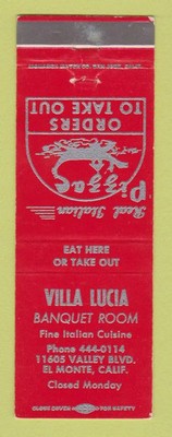 Matchbook Cover - Villa Lucia Pizza El Monte CA Italian