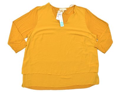 Michael Kors Marigold Orange Double Layer V-Neck 3/4 Sleeve Blouse Women Size 2X