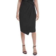 Calvin Klein Skirt Womens 10 Black Pencil Angled Hem Draped Front Midi Career
