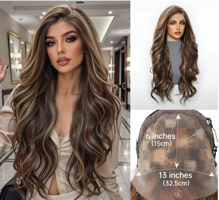 Peluca frontal de encaje mono completo mezcla cabello humano ondulado marrón rubio mezcla calor OK pelucas Foto 3 de 4