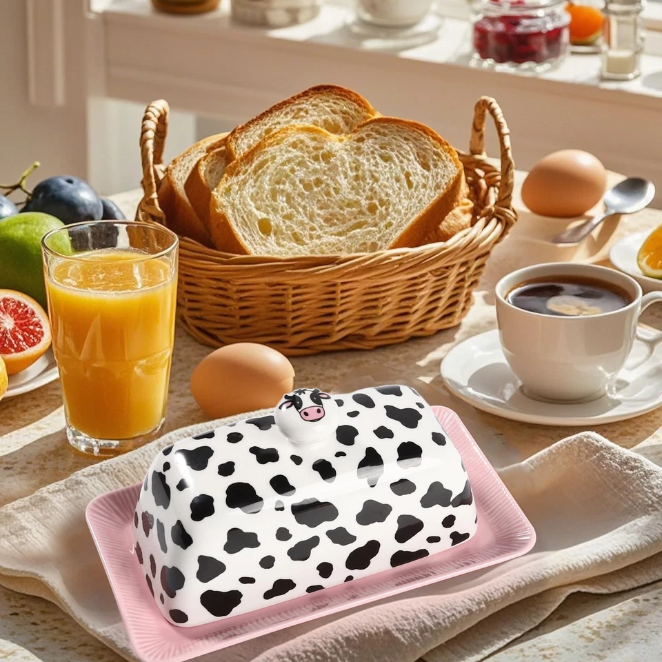 Plato de mantequilla de vaca con tapa para encimera - Linda cubierta de cerámica divertida cocina rosa... Foto 4 de 4