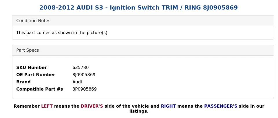 2008-2012 AUDI S3 - Interruptor de ignição acabamento/anel 8J0905869 - Imagem 3 de 4