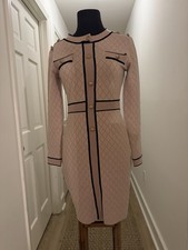 Beautiful Beige Bodycon Knit Sweater Dress Brass Buttons Contrast Trim Small