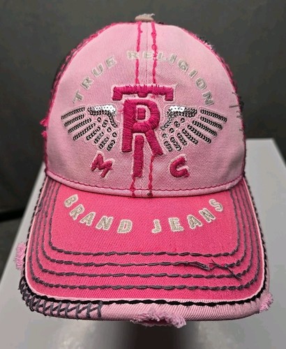 TRUE RELIGION Brand Jeans Pink Distressed Adjustable Leather Strap-Back Hat VTG