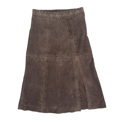 RE/DONE Skirt Womens 26 Walnut Brown Suede Laced Midi A Line Grommet Eyelet
