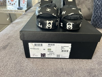 Chanel 22S Black White Lambskin CC Logo Platform Strap Block Heel