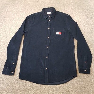 Tommy Hilfiger Mens Shirt Medium Blue Corduroy Needle Cord Flag Logo TH Jeans