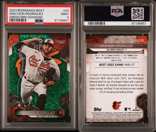 2023 Bowman’s Best Green Mini Diamond Grayson Rodriguez ROOKIE RC PSA 9 COME NUOVO - Foto 3 di 3