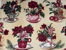 By 1/2 Yd Northcott Christmas Tea w/Santa Teacups Poinsettias Cotton Fabric BTHY