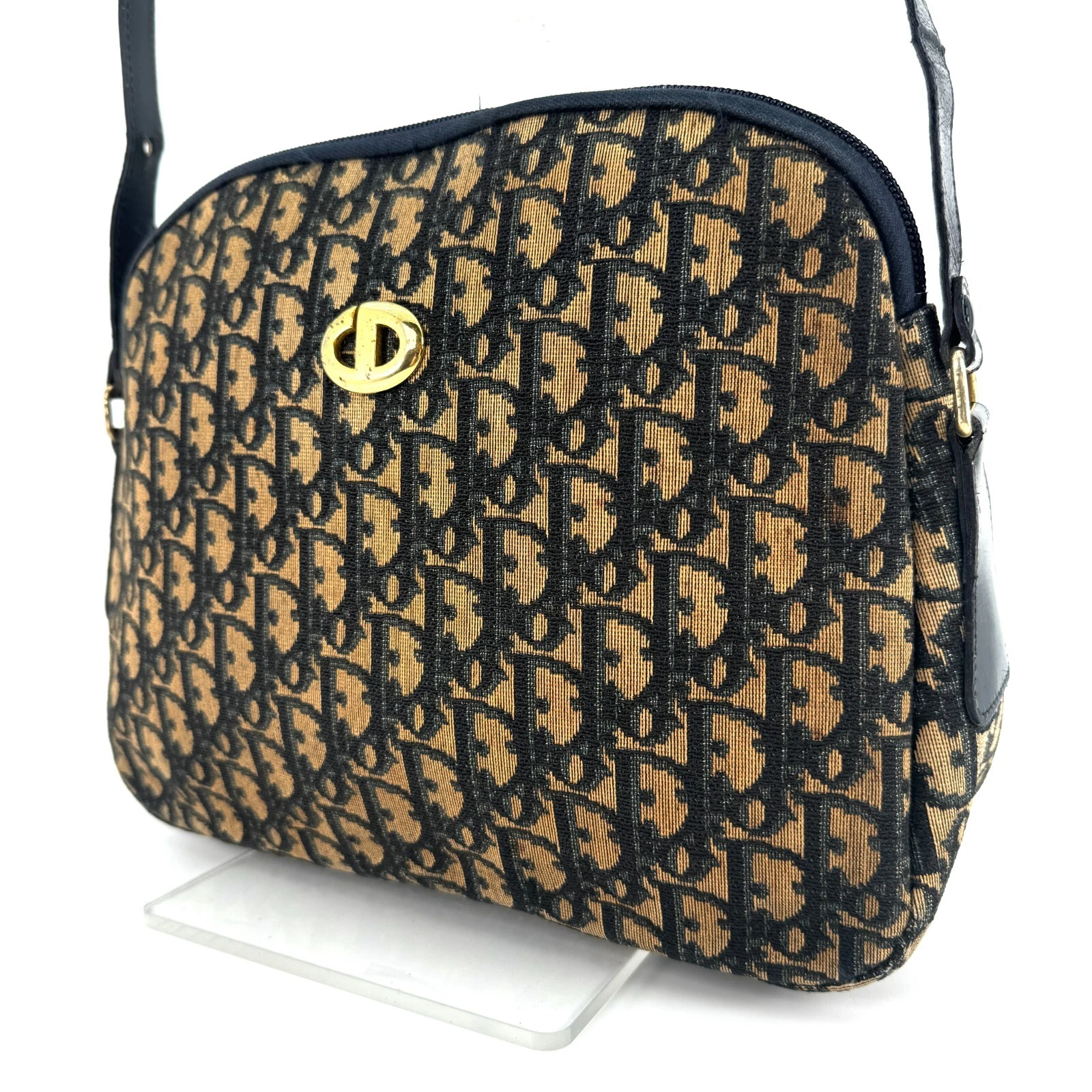 Sac à main bandoulière Christian Dior trotteur toile cuir marron marine vintage authentique