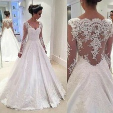 Elegant Wedding Dresses Lace Back Appliques Long Sleeves V Neck Bridal Gown