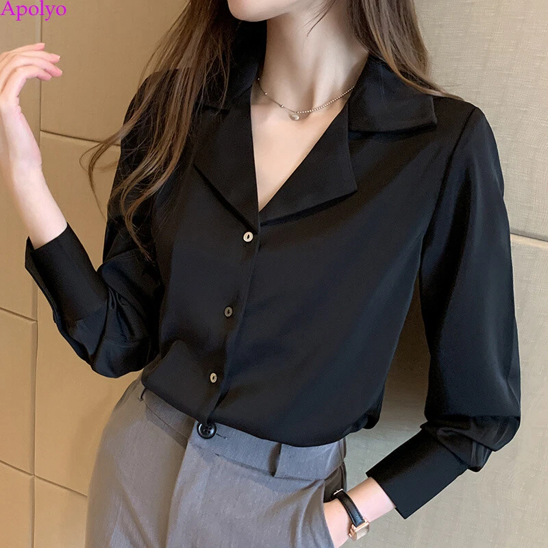 Women Korean Retro Western Satin Shirts Career Office Lady Workwear Top Blouse