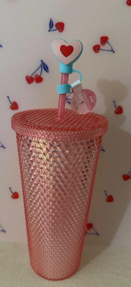 Tumbler PINK w heart straw topper New studded texture 20+oz