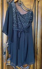 Women's One Shoulder Mini Dress Rhinestone Beaded Little Black Size SM EUC