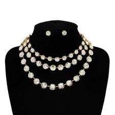 3 LAYER GOLD CLEAR STONE CHOKER NECKLACE SET 2109