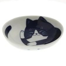 Japanese Rice Soup Dessert Bowl Oval 5.25"L Porcelain Blue Tuxedo Cat JAPAN MADE
