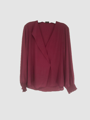 $140 Neiman Marcus Women's Red Long Sleeve Asymmetric Fold Collar Top Size Large