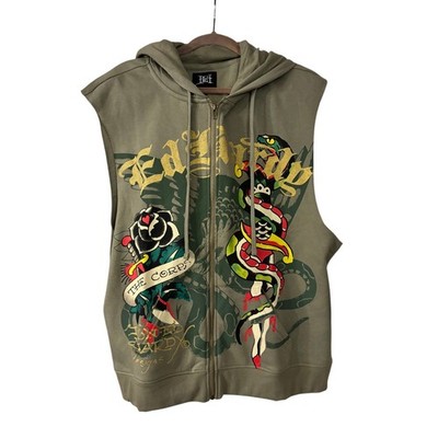 NWT Ed Hardy Men s Dagger Rose Fleece Cut Off Hoodie Olive Green Size Large