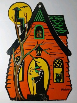 1950s BEISTLE Old Vintage Halloween Embossed DieCut Haunted House Black Cat Owl