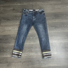 Anthropologie Pilcro Letterpress Jeans Slim Straight Embroidered Raw Hem Size 28