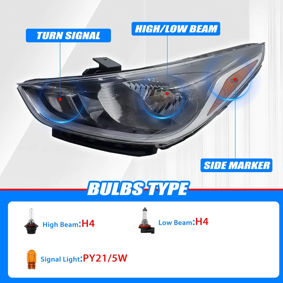 Headlights Assembly Left Right Pair For 2018-2021 Hyundai Accent SE SEL Halogen - Image 4 of 4